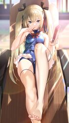  absurdres bad_id bad_twitter_id bare_arms bare_legs bare_shoulders barefoot beach_chair black_ribbon blonde_hair blue_eyes blue_one-piece_swimsuit blurry blurry_background bow breasts commentary_request day dead_or_alive dead_or_alive_5 feet female fingernails food foreshortening frills hair_ornament hair_ribbon hairbow highres holding long_fingernails long_hair looking_at_viewer marie_rose marie_rose_(devilish_servant_against_the_splashing_waves) medium_breasts mouth_hold nail_polish nanaken_nana one-piece_swimsuit outdoors pink_nails pocky pocky_day ribbon sitting skindentation sleeveless smile solo swimsuit thighs toenail_polish toenails toes twintails x_hair_ornament 