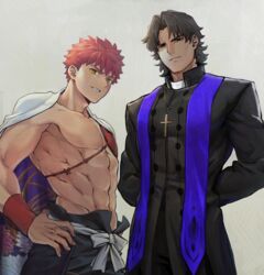  2boys abs arms_behind_back bare_pectorals black_pants brown_eyes brown_hair cape commentary cross cross_necklace emiya_shirou fate/grand_order fate/stay_night fate_(series) grey_background hair_intakes highres igote jewelry kotomine_kirei looking_at_viewer male_focus multiple_boys necklace no_nipples okonon_(kado_colda) orange_hair pants parted_lips pectorals rasputin_(fate) senji_muramasa_(fate) simple_background standing stole toned toned_male yellow_eyes 