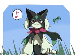  aogoto41 black_fur body_fur cat_nose claws feline furry grass green_fur half-closed_eyes highres mask meowscarada musical_note on_grass pawpads pink_eyes pokemon pokemon_(creature) short_tail solo spoken_musical_note tail two-tone_fur 