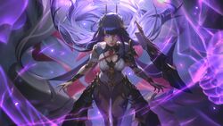  armor blunt_bangs breasts female flower genshin_impact glowing glowing_eyes hair_flower hair_ornament highres hime_cut large_breasts leotard long_hair looking_at_viewer official_alternate_costume purple_eyes purple_hair raiden_shogun raiden_shogun_(magatsu_mitake_narukami_no_mikoto) raikoart solo thighhighs 