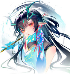  absurdres arknights black_hair blue_dress blue_hair blue_skin breasts closed_mouth colored_skin cropped_torso dragon_horns dress dusk_(arknights) earrings eyeshadow female highres holding holding_brush horns ink jewelry joannne large_breasts long_hair looking_at_viewer makeup multicolored_hair official_alternate_costume pointy_ears red_eyes sleeveless sleeveless_dress solo streaked_hair tassel tassel_earrings twitter_username two-tone_hair upper_body white_background 