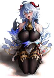  absurdres ahoge bare_shoulders bell blue_hair bodystocking breasts detached_sleeves fellatio_gesture female full_body ganyu_(genshin_impact) genshin_impact gloves hair_between_eyes high_heels highres horns kneeling large_breasts looking_at_viewer moire mudra neck_bell nompang oerba_yun_fang open_mouth simple_background solo teeth tongue tongue_out vision_(genshin_impact) vitarka_mudra white_background 