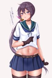  88942731ne ahoge akebono_(kancolle) akebono_kai_ni_(kancolle) bell belt belt_buckle black_thighhighs blue_sailor_collar blue_skirt blush brown_belt brown_gloves buckle cowboy_shot female flower gloves hair_bell hair_between_eyes hair_flower hair_ornament highres jingle_bell kantai_collection long_hair md5_mismatch midriff navel open_mouth pink_flower pleated_skirt purple_eyes purple_hair sailor_collar school_uniform serafuku short_sleeves side_ponytail simple_background skirt solo thighhighs translated white_background zettai_ryouiki 