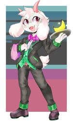  2_horns absurd_res anthro banana black_clothing black_suit blush bovid bow_tie butler caprine clothing cute_fangs deltarune dress_pants eyewear floppy_ears fluffy fluffy_tail food fruit fur glasses goat heart_symbol hi_res holding_tray horn male mammal open_mouth pink_eyes pink_horn plant psibunny ralsei serving_tray solo suit tail undertale_(series) white_body white_fur 