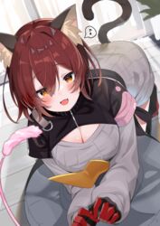  :d absurdres all_fours animal_ear_fluff animal_ears blush breasts brown_eyes brown_hair cat_ears cat_tail cat_teaser cleavage_cutout clothing_cutout commentary_request dutch_angle female highres hololive indoors large_breasts long_sleeves looking_at_viewer musical_note oerba_yun_fang official_alternate_costume roboco-san roboco-san_(sweater_dress) satobitob short_hair skin_fang smile solo spoken_musical_note sweater tail virtual_youtuber 