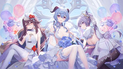  3girls absurdres ahoge alternate_costume ass balloon bare_shoulders black_pantyhose breasts bride brown_hair bug butterfly commentary_request cone_hair_bun detached_sleeves dress flower ganyu_(genshin_impact) genshin_impact gloves goat_horns hair_between_eyes hair_bun hand_on_own_chest highres horns hu_tao_(genshin_impact) keqing_(genshin_impact) lemonpear long_hair looking_at_viewer medium_breasts multicolored_flower multiple_girls pantyhose red_butterfly red_eyes rose sideboob sidelocks thighhighs thighs white_dress white_gloves white_headwear white_sleeves white_thighhighs 