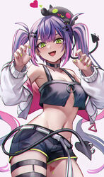  belt bibi_(tokoyami_towa) black_shorts black_tank_top blunt_bangs breasts claw_pose collar colored_inner_hair commentary_request demon_girl fangs female green_eyes hair_ornament hairclip heart heart_tattoo highres hololive jacket long_hair long_sleeves looking_at_viewer midriff multicolored_hair multicolored_nails nail_polish navel navel_piercing open_mouth piercing pink_hair purple_hair purple_nails shorts sidelocks simple_background stomach streaked_hair tail tank_top tattoo thigh_strap tokoyami_towa tokoyami_towa_(1st_costume) twintails virtual_youtuber white_background white_belt white_jacket wszkii yellow_nails 