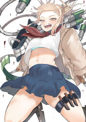  absurdres bags_under_eyes black_socks blonde_hair blood blue_sailor_collar blue_skirt blunt_bangs boku_no_hero_academia bra bra_peek brown_footwear canister cardigan double_bun fangs female hair_bun highres hose kneehighs knife loafers messy_hair midriff narrowed_eyes navel neckerchief open_cardigan open_clothes open_mouth pleated_skirt pouch red_neckerchief sailor_collar school_uniform serafuku shoes sidelocks simple_background skirt slit_pupils socks solo syringe tank_(container) teeth thigh_pouch thigh_strap thighs toga_himiko underwear white_background yellow_cardigan yellow_eyes zd_(pixiv6210083) 