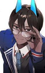  1boy arjuna_(fate) arjuna_alter_(fate) arjuna_alter_(student_council_president)_(fate) black_eyes black_hair blood_dumpling1 blue_jacket blue_necktie brown_eyes brown_hair closed_mouth collared_shirt commentary_request dark-skinned_male dark_skin fate/grand_order fate_(series) glasses glowing_horns hair_between_eyes horns jacket korean_commentary long_sleeves looking_at_viewer male_focus necktie official_alternate_costume shirt simple_background smile solo upper_body white_background 