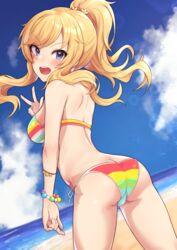  :d absurdres ass bare_shoulders beach bead_bracelet beads bikini blonde_hair blue_eyes blush bracelet breasts commentary_request cowboy_shot female from_behind hair_ornament highres idolmaster idolmaster_cinderella_girls jewelry large_breasts long_hair looking_back ocean ohtsuki_yui oops open_mouth outdoors ponytail side-tie_bikini_bottom smile solo standing striped_bikini striped_clothes swimsuit teeth upper_teeth_only w 