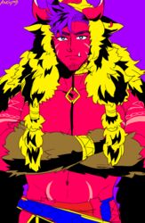  1boy abs alternate_hair_color alternate_skin_color animal_hood bad_id bad_pixiv_id bara boar_boy boar_hood body_fur bodypaint chest_harness colored_skin crossed_arms facial_hair goatee gullinbursti_(housamo) harness hood inverted_colors large_pectorals long_sideburns male_focus mature_male muscular muscular_male navel nipples oerba_yun_fang pectoral_cleavage pectorals pink_skin purple_hair shochu_(knktru777) sideburns solo stomach tokyo_afterschool_summoners upper_body 