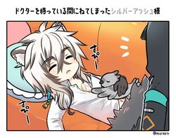  2boys animal animal_ear_fluff animal_ears arknights bad_id bad_pixiv_id bird black_gloves black_jacket blush closed_eyes collared_shirt commentary_request couch doctor_(arknights) dress_shirt fur_trim gloves grey_hair hair_between_eyes hood hood_up hooded_jacket jacket leopard_boy leopard_ears long_hair long_sleeves lying male_focus mashiro_miru multicolored_hair multiple_boys navel on_back on_couch parted_lips pillow scar scar_on_chest shirt silverash_(arknights) sleeping tenzin_(arknights) translated two-tone_hair white_hair white_shirt 