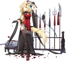  2020 arm_up aurora_(azur_lane) aurora_(heritage_of_yu_city)_(azur_lane) axe azur_lane black_gloves black_legwear blonde_hair blush breasts cannon china_dress chinese_clothes cleavage_cutout clothing_cutout crossed_legs dress expressions fan female flower folding_fan full_body gloves green_eyes guan_dao hair_flaps hair_flower hair_ornament high_heels highres legs long_hair maya_g multiple_weapons official_alternate_costume official_art outstretched_hand petals polearm ponytail red_dress red_footwear red_pepper_earrings shoes smile solo spear tassel thighhighs thighs transparent_background trident turret very_long_hair watson_cross weapon weapon_rack 