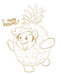  2017 clothing costume earth_pony english_text equid equine eyelashes female food food_costume friendship_is_magic fruit fruit_costume hair hasbro horse humor mammal meme monochrome my_little_pony open_mouth pineapple pineapple_costume pineapple_on_pizza_debate_(meme) pizza plant pony shoutingisfun simple_background smile solo standing text the_truth tongue white_background yellow_and_white 