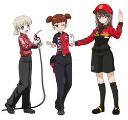  3girls :d absurdres aki_(girls_und_panzer) alternate_costume alternate_headwear baseball_cap belt black_belt black_footwear black_jacket black_legwear black_pants black_shorts blunt_bangs brown_eyes brown_hair closed_mouth collared_shirt commentary_request cross-laced_footwear dated employee_uniform english_text from_side full_body gas_pump_nozzle girls_und_panzer green_eyes hair_tie hat highres holding jacket kneehighs light_brown_hair logo long_hair long_sleeves looking_at_viewer mika_(girls_und_panzer) mikko_(girls_und_panzer) multicolored_clothes multicolored_jacket multiple_girls open_mouth pants reaching reaching_towards_viewer receipt red_eyes red_hair red_hat red_jacket red_shirt shell_(company) shiina_excel shirt shoes short_hair short_sleeves short_twintails shorts simple_background smile socks standing standing_on_one_leg swept_bangs tire twintails twitter_username two-tone_jacket uniform unworn_hat unworn_headwear watermark white_background 