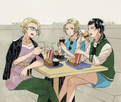  3girls :t ace_combat ace_combat_7 black_hair blonde_hair blue_shorts brownie_(ace_combat_7) burger character_name commentary_request deanna_mconie eating eyewear_hang food french_fries green_pants huxian jacket jacket_on_shoulders multiple_girls oage_(o_ag_e4) open_mouth pants restaurant shorts sitting table unworn_eyewear 