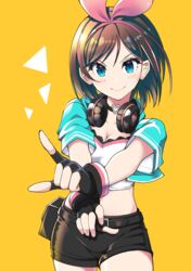  adapted_costume alternate_costume alternate_hairstyle aroha_j blue_eyes breasts brown_hair cleavage commentary_request female fingerless_gloves gloves hairband headphones heart highres kizuna_ai kizuna_ai_(a.i._games) kizuna_ai_inc. medium_hair midriff multicolored_hair official_alternate_costume pink_hair pink_hairband ribbon short_sleeves shorts smile solo streaked_hair tank_top virtual_youtuber yellow_background 