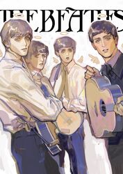  4boys angel_wings black_pants blue_eyes blunt_bangs brown_hair closed_mouth collared_shirt commentary copyright_name dress_shirt george_harrison guitar halo helium_raven highres holding instrument john_lennon logo looking_at_viewer male_focus multiple_boys necktie open_mouth pants paul_mccartney real_life ringo_starr shirt simple_background smile symbol-only_commentary the_beatles white_shirt wings 