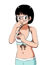  aragon_honnin bad_id bad_tumblr_id bikini bikini_top_only black_hair blush brown_eyes cowboy_shot eating female food glasses grey-framed_eyewear hand_up ice_cream ice_cream_sandwich licking_lips looking_at_viewer navel original short_hair simple_background solo standing swimsuit tongue tongue_out white_background 