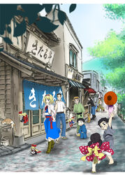  4girls 6+boys alice_margatroid architecture arm_up barefoot black_eyes black_hair blonde_hair blue_eyes blue_sky boots bow canine capelet cloud commentary_request day denim dress east_asian_architecture extra feline flying geta hairband hairbow hand_on_own_chin hat izuna_nie japanese_clothes jeans kimono lolicon lolita_hairband long_hair looking_at_another looking_away multiple_boys multiple_girls obi oil-paper_umbrella old old_man pants parasol road running sandals sash shanghai_doll short_hair sign sky star-shaped_pupils star_(symbol) street symbol-shaped_pupils tabi touhou tree twintails umbrella village villagers walking zzz 