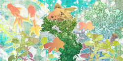  abstract abstract_background ambiguous_gender bad_id bad_pixiv_id dorsal_fin fins fish goldfish highres hiwako_(liquid) light_particles mosaic_pattern no_humans plant scales seaweed tail underwater 