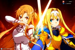  2girls ai_generated alice_schuberg armor asuna_(sao) blue_eyes braided_hair brown_eyes brown_hair gold_hair juanpi_amvs long_hair patreon patreon_username sword sword_art_online wallpaper watermark yellow_hair yuuki_asuna 