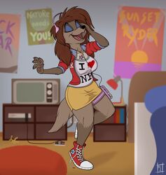  2018 80&#039;s_theme anthro anthrofied arms_bent bed bent_legs big_breasts biped breasts canid canine canis chuck_taylor chuck_taylor_all_stars clothed clothing console controller controller_on_ground cord crt disney domestic_dog electronics eyeshadow female footwear furniture game_console game_controller hair headphones heart_symbol hi_res hunting_dog hyenatig_(artist) i_&lt;3_ny i_love_new_york makeup mammal navel nes_console nes_controller nintendo nintendo_console nintendo_controller nintendo_entertainment_system oliver_and_company on_one_leg open_mouth raised_arm raised_foot raised_hand retro_console retro_controller rita_(disney) saluki shoes sighthound solo standing television walkman wired_controller 