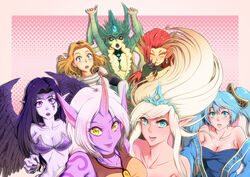  6+girls aqua_hair armor arms_up bare_shoulders black_gloves black_sclera blonde_hair blue_eyes breasts choker cleavage collarbone colored_sclera colored_skin commentary_request detached_sleeves earrings facial_mark feathered_wings fingernails gloves hair_ornament horns janna_(league_of_legends) jewelry large_breasts league_of_legends lipstick long_hair looking_at_viewer lux_(league_of_legends) makeup medium_breasts mermaid monster_girl morgana_(league_of_legends) multiple_girls nami_(league_of_legends) necklace open_mouth pink_background plant_girl pointy_ears purple_eyes purple_hair purple_skin red_eyes red_hair scales sharp_fingernails single_horn smile sona_(league_of_legends) soraka_(league_of_legends) tattoo tiara twintails white_hair wings yamauchi_(conan-comy) yellow_eyes zyra 