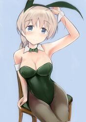  ahoge animal_ears arm_up armpit bare_shoulders blonde_hair blue_eyes blush bowtie braid braids breasts brown_legwear bunny_ears bunnysuit chair cleavage detached_collar female leotard long_hair looking_at_viewer lynette_bishop nannacy7 pantyhose sitting smile solo strike_witches 