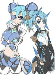  2girls armor bad_id bad_twitter_id blue_eyes blue_hair blush breasts dark-skinned_female dark_skin eyepatch large_breasts long_hair looking_at_viewer multiple_girls pauldrons polearm praxis_(xenoblade) short_hair shoulder_armor simple_background smile theory_(xenoblade) weapon white_background xenoblade_chronicles_(series) xenoblade_chronicles_2 yukara-msma 