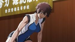  1_girl aragaki_nagisa badminton breasts brown_hair holding large_breasts open_mouth racket red_eyes short_hair spiky_hair sport sweat tomboy 