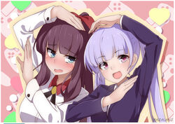  2girls blue_eyes blush commentary heart heart_arms heart_arms_duo long_hair multiple_girls new_game! open_mouth parody purple_eyes purple_hair suzukaze_aoba takimoto_hifumi tanaka-kun_wa_itsumo_kedaruge tilt-shift_(azalanz) twintails 