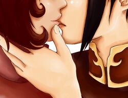  2girls avatar_legends azula black_hair brown_hair close-up commentary_request hand_on_another&#039;s_cheek hand_on_another&#039;s_face head_out_of_frame kissing lips multiple_girls notickleelmo short_hair ty_lee yuri 