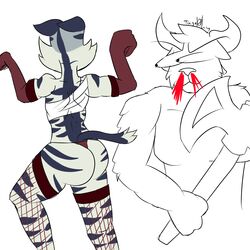  1:1 absurd_res ass asuri_(brawlhalla) bovid bovine brawlhalla butt_pose cattle chest_wraps clothing felid feline female fishnet_clothing hi_res horn legwear lynx mammal panwhisky pose teros_(brawlhalla) thigh_highs thong underwear wraps 