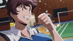  angry animated aragaki_nagisa badminton badminton_racket breasts brown_hair hanebado! holding large_breasts mole mole_under_mouth muscle muscular_female racket red_eyes short_hair spiky_hair sweat 