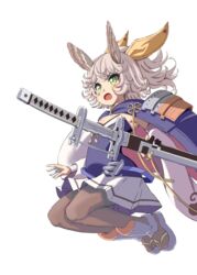  animal_ears armor azur_lane bad_id bad_pixiv_id blue_shirt commentary_request detached_sleeves female geta hair_ribbon highres holding holding_sword holding_weapon jumping katana kitakaze_(azur_lane) medium_hair midair open_mouth pantyhose porontyo_07 rabbit_ears ribbon serious shirt shoulder_armor simple_background skirt solo sunset sword weapon white_background white_hair white_skirt yellow_eyes yellow_ribbon 