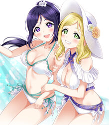  2girls bare_arms bare_legs bikini blonde_hair blue_hair blush breasts cleavage collarbone commentary_request criss-cross_halter floral_print flower frilled_bikini frills green_eyes hair_ornament hair_tie halterneck hat hat_flower highres holding_own_arm large_breasts layered_bikini layered_swimsuit love_live! love_live!_sunshine!! matsuura_kanan multiple_girls navel ohara_mari open_mouth ponytail purple_eyes sankuro_(agoitei) side-tie_bikini_bottom sidelocks simple_background smile striped_bikini striped_clothes swimsuit towel white_background white_bikini 