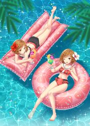  2girls :d alternate_costume anniversary bikini black_bikini brown_eyes brown_hair cocktail commentary_request cup day drinking_glass dual_persona fingernails flower from_above glint hair_flower hair_ornament hibiscus highres holding holding_cup hurricane_glass inflatable_raft innertube kirita_asami leg_lift looking_at_viewer lying meiko_(vocaloid) multiple_girls nail_polish on_stomach one_eye_closed open_mouth outdoors palm_tree red_bikini red_nails sailor_collar sakine_meiko short_hair sitting smile soaking_feet summer swept_bangs swim_ring swimsuit teeth toenail_polish toenails tree upper_teeth_only v vocaloid water wet white_sailor_collar 