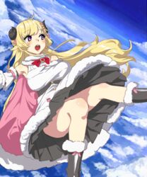  :o ahoge animal_ears blonde_hair blue_sky braid breasts cape cloud commentary detached_legs dress female fur-trimmed_cape fur-trimmed_dress fur_trim hair_ornament hairclip half_updo hololive horns long_hair looking_away looking_to_the_side medium_breasts midair pink_cape purple_eyes sheep_ears sheep_girl sheep_horns sky solo takami_masahiro tsunomaki_watame tsunomaki_watame_(1st_costume) very_long_hair virtual_youtuber 