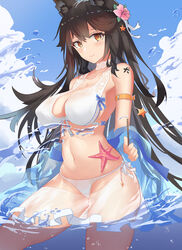  absurdres animal_ears armband atago_(azur_lane) atago_(summer_march)_(azur_lane) azur_lane bikini black_hair blue_sky breasts brown_eyes chinese_commentary cloud commentary_request cowboy_shot day extra_ears female flower hair_flower hair_ornament highres large_breasts long_hair looking_at_viewer md5_mismatch mole mole_under_eye official_alternate_costume outdoors photoshop_(medium) resolution_mismatch sky solo source_larger star_(symbol) starfish swimsuit water white_bikini wjn-rance 