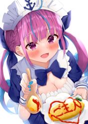  :d absurdres ahoge anchor_symbol azuremo blue_bow blue_bowtie blue_dress blue_hair blue_nails blue_ribbon blunt_bangs blush bow bowtie braid breasts cleavage colored_inner_hair dress drill_hair female fingernails food food_writing framed_breasts french_braid hair_ribbon highres hololive incoming_food large_breasts long_hair looking_at_viewer maid maid_headdress minato_aqua minato_aqua_(1st_costume) multicolored_hair nail_polish omelet omurice open_mouth puffy_short_sleeves puffy_sleeves purple_eyes purple_hair ribbon short_dress short_sleeves sidelocks smile solo streaked_hair twin_drills twintails two-tone_hair virtual_youtuber wrist_cuffs 