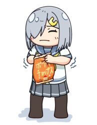  bag bag_of_chips black_pantyhose blue_sailor_collar blush chips_(food) closed_eyes closed_mouth commentary_request female food grey_hair grey_skirt hair_ornament hairclip hama!_(3toshinhmkz) hamakaze_(kancolle) kantai_collection neckerchief open_bag pantyhose pleated_skirt sailor_collar school_uniform shadow shirt short_hair simple_background skirt solo uniform white_background white_shirt yellow_neckerchief 