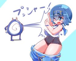  aoihitsuji black_one-piece_swimsuit blue_eyes blue_hair blue_pants blue_sailor_collar blush breasts bright_pupils commentary_request feet_out_of_frame female hairband lana_(pokemon) looking_to_the_side one-piece_swimsuit one_eye_closed open_mouth pants pokemon pokemon_(creature) pokemon_sm poliwhirl sailor_collar shirt short_hair sleeveless sleeveless_shirt small_breasts swimsuit swimsuit_under_clothes water white_background white_pupils white_shirt 