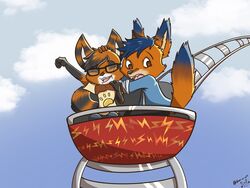  4:3 amusement_ride anthro artemis_(smneff) bad_guy_cafe blue_hair brown_body brown_eyes brown_fur canid canine duo fan_character fox fur hair hi_res hybrid male mammal nami_vianna orange_body orange_fur procyonid raccoon roller_coaster stripes 