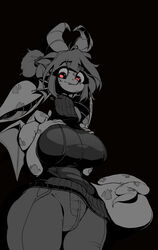  anthro awr_hey breasts clothed clothing digital_drawing_(artwork) digital_media_(artwork) dragon ear_piercing female flesh_tunnel gauged_ear greyscale hair hi_res horn looking_at_viewer membrane_(anatomy) monochrome piercing red_eyes simple_background solo topwear wings zoe_(awr_hey) 