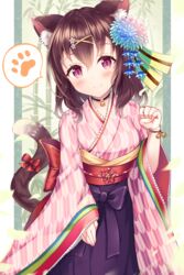  animal_ear_fluff animal_ears back_bow bell black_choker blue_flower blush bow brown_hair cat_ears cat_girl cat_tail choker closed_mouth commentary_request female flower hair_between_eyes hair_flower hair_ornament hakama hakama_skirt hand_up japanese_clothes jingle_bell kimono long_sleeves looking_at_viewer neck_bell obi original paw_pose pink_kimono print_kimono purple_eyes purple_hakama red_bow sakura_ani sash skirt sleeves_past_wrists smile solo tail tail_bow tail_ornament wide_sleeves yagasuri 