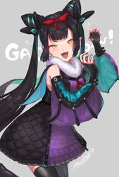  :d bare_shoulders black_dress black_gloves black_hair black_thighhighs bow claw_pose commentary_request cone_hair_bun dated dress elbow_gloves fake_wings fangs female fingerless_gloves fingernails fur_collar gloves green_hair grey_background hair_bun hairbow hands_up horns long_fingernails long_hair looking_at_viewer multicolored_hair nail_polish noivern personification pokemon red_bow red_nails short_eyebrows simple_background sleeveless sleeveless_dress smile solo standing standing_on_one_leg streaked_hair thighhighs twintails uzura_(bonnet225) very_long_hair wings yellow_eyes 