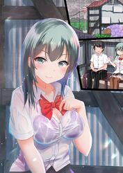  1boy aqua_hair bad_id bad_twitter_id black_hair blush bow bowtie bra breasts brown_legwear bus_stop cleavage collarbone faceless faceless_male female frilled_skirt frills green_eyes highres jacket kantai_collection kuroame_(kurinohana) long_sleeves looking_at_another looking_at_viewer loose_bowtie medium_breasts multiple_views open_clothes open_shirt pleated_skirt purple_bra seductive_smile see-through shirt short_hair short_sleeves skirt smile suzuya_(kancolle) suzuya_kai_ni_(kancolle) underwear wet wet_clothes white_shirt 