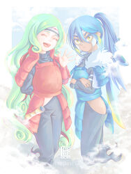  2girls :d armor black_pants blue_hair closed_eyes cosplay dark-skinned_female dark_skin english_commentary fate/grand_order fate_(series) fur-trimmed_armor fur_trim green_hair hair_between_eyes headband highres japanese_armor long_hair looking_at_viewer meguyama_nazumi multiple_girls naruto_(series) pants ponytail senju_hashirama senju_hashirama_(cosplay) senju_tobirama senju_tobirama_(cosplay) siblings sisters smile trung_nhi_(fate) trung_trac_(fate) white_background yellow_eyes 