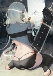  a2_(nier:automata) aqua_eyes ass back black_thighhighs cyborg fadingz feet female from_behind full_body highres long_hair looking_back nier:automata nier_(series) no_shoes parted_lips pixiv_id signature sitting soles solo sword thighhighs thong toe_scrunch toeless_legwear toes very_long_hair wariza weapon white_hair 